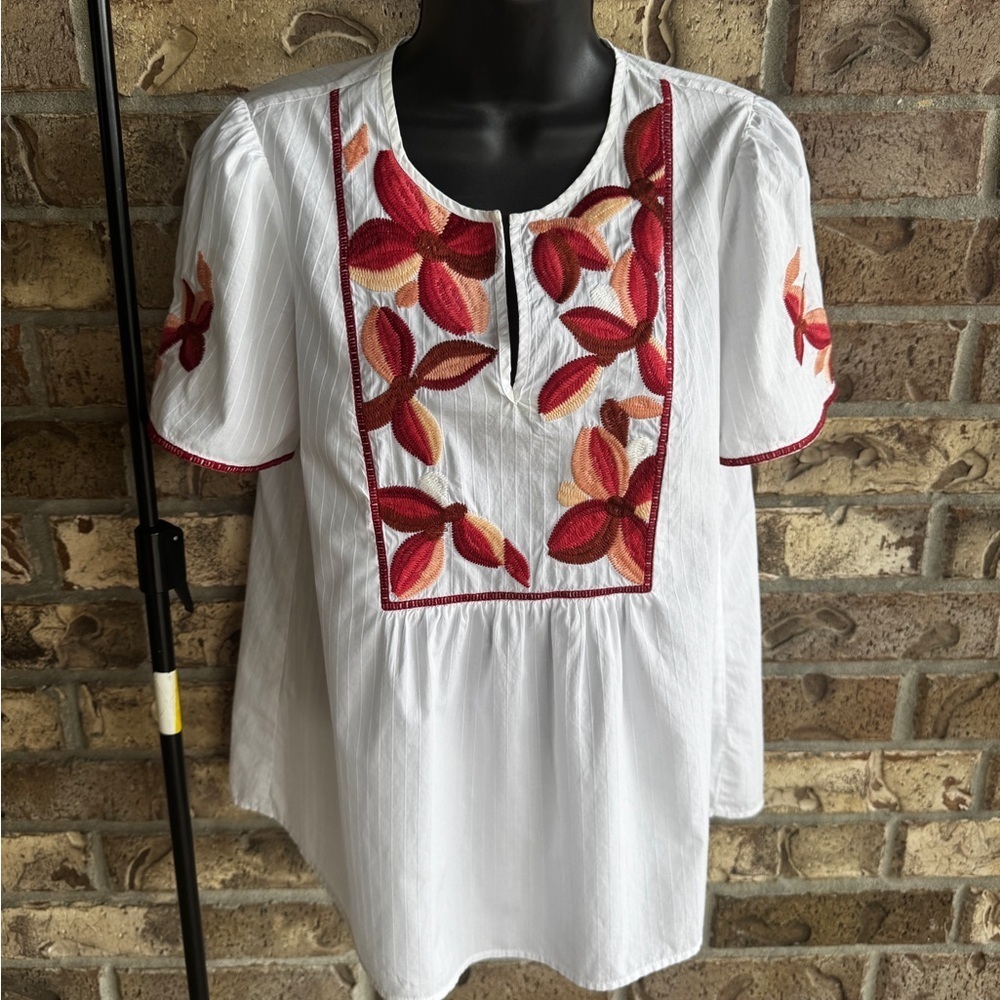 Madewell White Blouse with Red and Orange Embroidery Size Small